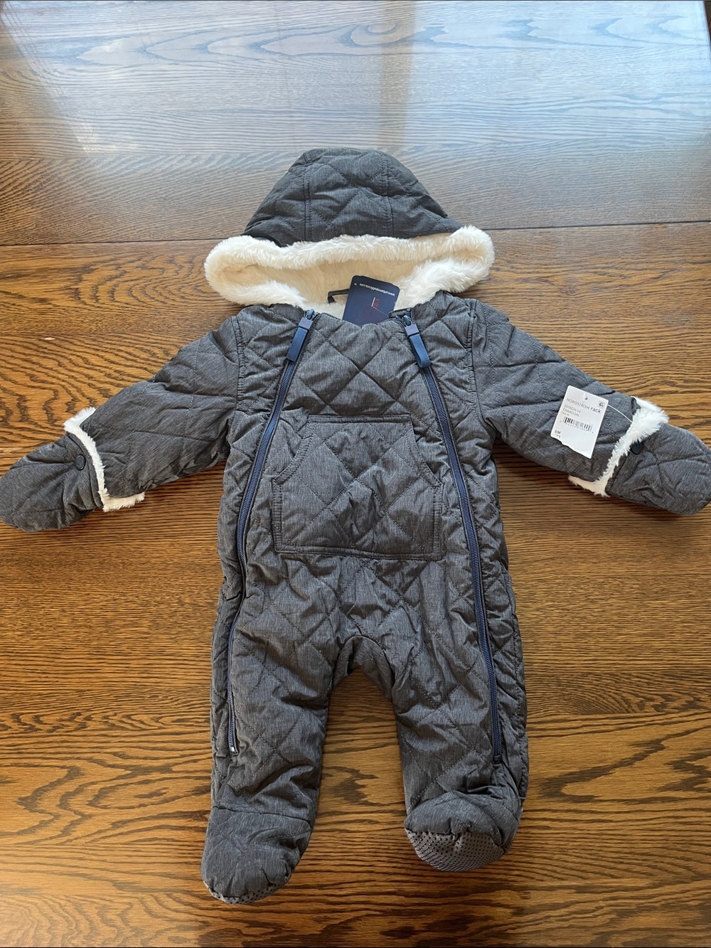 Urban Republic Quilted Hooded Baby Footie in Charcoal Gray with Cream Trim